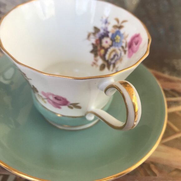 AYNSLEY RARE TEA CUP & SAUCER TEAL COLOR GOLD RIM - Picture 3 of 8